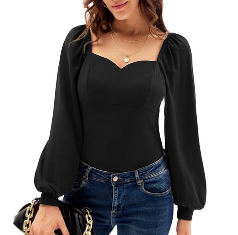 Women's Lantern Long Sleeve Blouse Retro Slim Fit Sweetheart Neckline Shirt Tops Vintage Sweetheart Neckline Shirt, Women Work Blouse, Women Chiffon Blouse, Vintage Blouse, Womens Shirt, Ribbed Knit Top, Street Style Chic, Casual Tops For Women, Long Sleeve Knit Tops