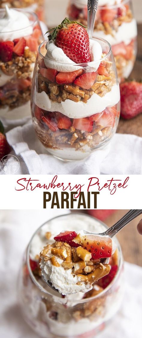 Pretzel Parfait, Sweet Pretzels, Strawberry Pretzel Dessert, Pretzel Desserts, Cheesecake Parfaits, Strawberry Pretzel Salad, Strawberry Pretzel, Pretzel Salad, Parfait Desserts