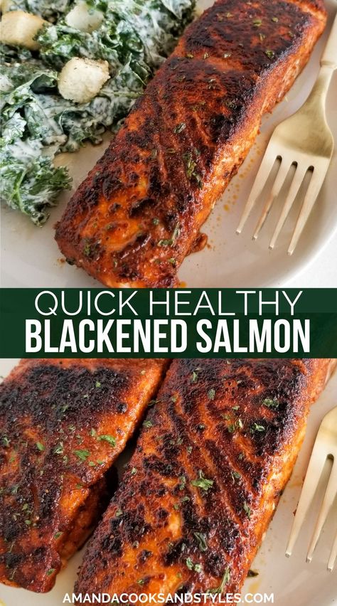 Blackened Salmon Recipe – Flavorful salmon recipe made with a simple homemade blackened seasoning seared hot in a skillet and finished with fresh lemon juice. This salmon recipe is a super easy and healthy meal packed with nutrients. Homemade Blackened Seasoning, Oven Baked Asparagus, Easy Dinner Side Dishes, Blackened Salmon Recipes, Dinner Side Dish Recipes, Easy Dinner Sides, Blackened Chicken Recipe, Blackened Seasoning, Blackened Salmon