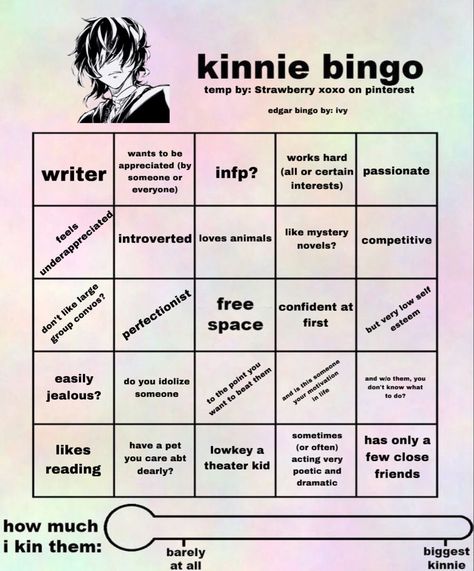 may or may not be inaccurate - i tried my best by researching and putting my own traits as a poe kinnie // bingo temp by Strawberry xoxo Poe Bsd Kinnie, Poe Kinnie Bingo, Poe Kinnie, Bsd Kinnie, Edgar Allan Poe Bsd, Poe Bsd, Introvert Love, Roblox Cringe, Kinnie Bingo