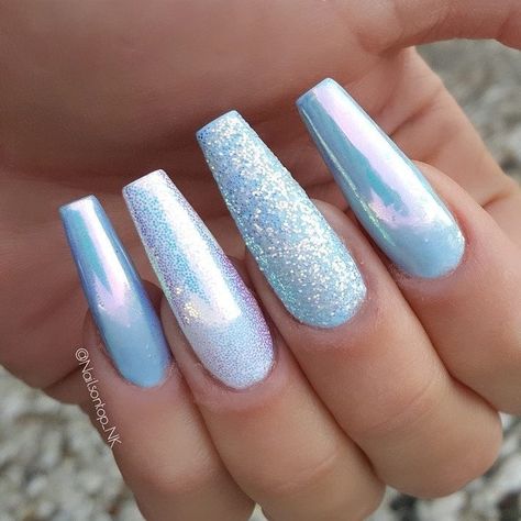 Nails For Quinceanera, Irridescent Nails, Iridescent Nails, Nails Grunge, Blue Chrome Nails, Sky Blue Nails, Blue Coffin Nails, Blue Glitter Nails, Baby Blue Nails