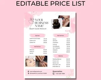 Esthetician Price List, Spa Price List, Esthetician Marketing, Eyelash Tinting, Spa Prices, Price List Template, Pink Confetti, Waxed Eyebrows, Eyebrow Tinting