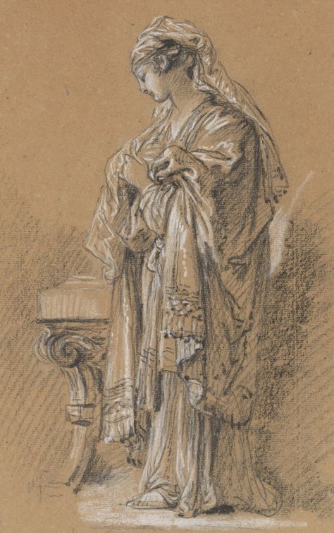 François Boucher, 1703-1770, French, Young Woman in Classical Dress. Black chalk, heightened with white, on gray-blue paper, altered to brown; 34.8 x 22.2 cm. The Pierpoint Morgan Library and Museum, New York, 1983.1. Conte Crayon Drawings, Fabric Studies, Master Drawings, Classical Dress, Conte Crayon, Artist Pencils, Human Anatomy Drawing, Master Drawing, Morgan Library