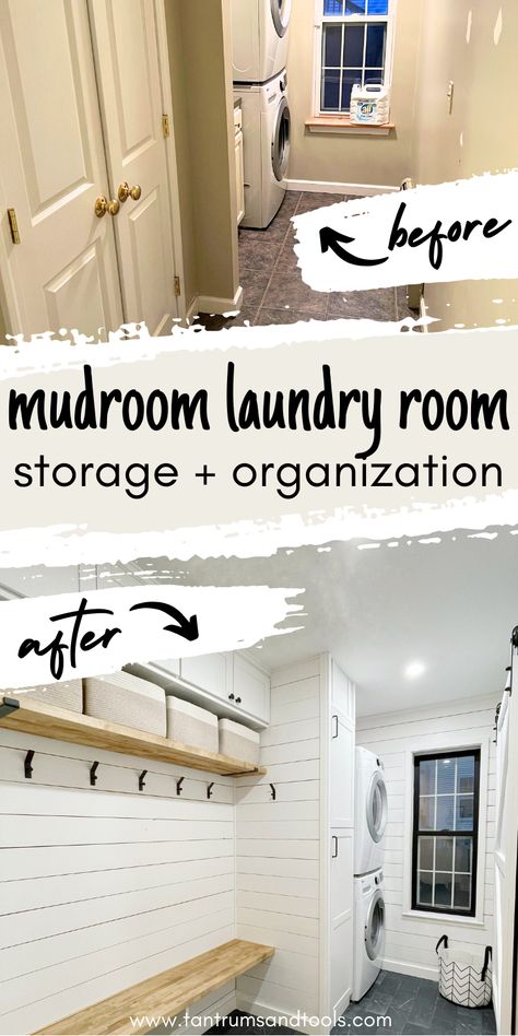 Discover storage and organization ideas for a small mudroom and laundry room combo. Small entryway ideas that are both functional and stylish. Check out this small mudroom with bench to inspire your mudroom makeover. This hall closet turned mudroom laundry room mudroom has all the functional features; mudroom bench, mudroom cubbie, mudroom stroage, and lots of coat hooks on the wall. Plan your old home remodel using these small laundry mud room ideas! Small Laundry Mud Room Ideas, Small Laundry Mud Room, Mudroom And Laundry Room Combo, Closet Turned Mudroom, Mud Room Laundry Room Combo, Laundry Room Combo, Closet Mudroom, Small Entryway Ideas, Mudroom With Bench