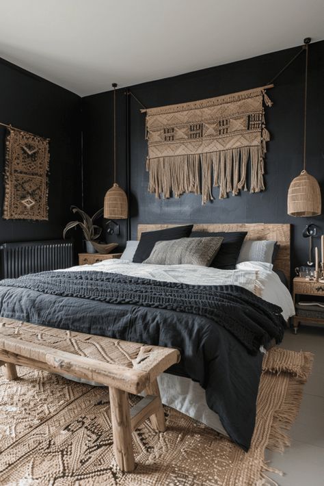 29 Black Boho Bedroom Ideas 16 Black Boho Bedroom, Bedroom Eclectic, 2024 Bedroom, Dark Rooms, Whimsical Bedroom, Boho Bedroom Ideas, Gorgeous Bedrooms, Serene Bedroom, Eclectic Bedroom