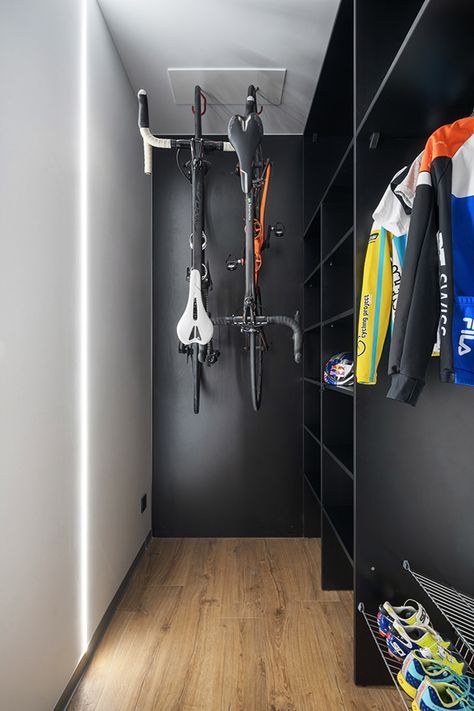 Grey white on Behance Tiny Apartment Bike Storage, Bike Storage Inside, Small Apartment Bike Storage, Bike Storage Small Space Ceiling, Store Bike In Small Apartment, Storing Bicycles In Apartment, Bike Storage Small Space, Asgard Bike Storage, Bike Storage Design