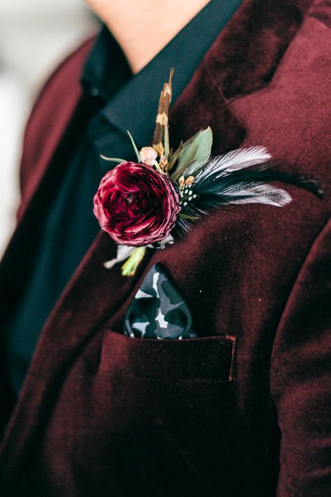 Jewel Tone Mens Suit, Jewel Tone Suit Groom, Burgundy Velvet Suit Men, Jewel Tone Wedding Suit, Jewel Tone Boutonniere, Velvet Suit Wedding, Velvet Wedding Suit, Burgundy Wedding Suit, Maroon Wedding Suit