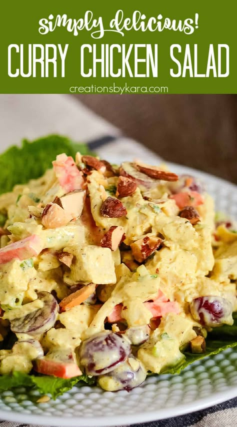 This Curried Chicken Salad Recipe is easy to whip up, but packs a punch of flavor. It's a tasty update on classic chicken salad that's definitely worth a try! #currychickensalad #curriedchickensalad @Creations by Kara Chicken Curry Salad Recipe, Chicken Salad Recipe With Grapes, Curry Chicken Salad Recipe, Recipe With Grapes, Deli Salads, Curry Salad, Sandwich Spreads, Curried Chicken Salad, Classic Chicken Salad