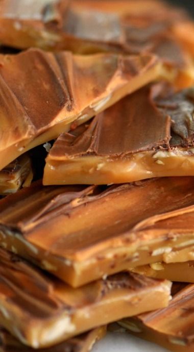 BUTTERSCOTCH ALMOND TOFFEE Butterscotch Topping, Butterscotch Recipes, Festive Holiday Desserts, Butterscotch Candy, Almond Toffee, Mom On Timeout, Toffee Candy, Toffee Recipe, Sweet Ideas