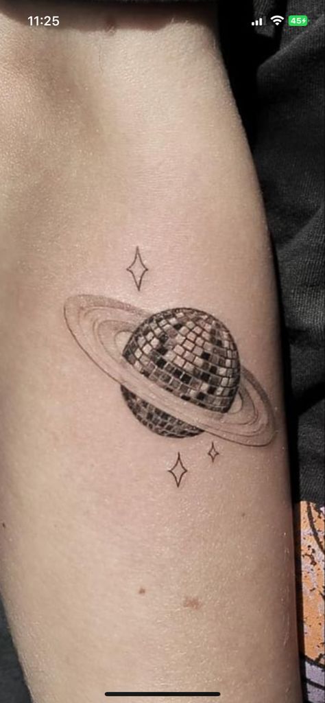 Space Filling Tattoo Ideas, Saturn Moon Tattoo, Disco Saturn Tattoo, Celestial Sleeve Tattoos For Women, Smiley Face Balloon Tattoo, Saturn Disco Ball Tattoo, Disco Ball Moon Tattoo, Disco Planet Tattoo, Disco Tattoo Ideas