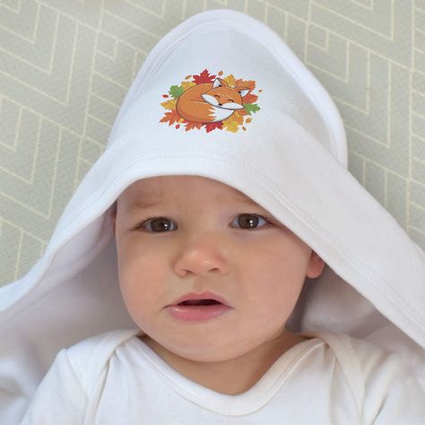 Baby Hooded Towel With Fox Fox Sleeping, Baby Hooded Towel, Hooded Baby Towel, Fox Illustration, Autumn Illustration, Gifts For New Parents, Cute Fox, Hooded Towel, Colorful Leaves