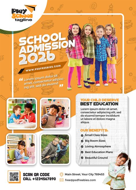 Feel free to download our Free Kids School Education Admission Flyer PSD Template! This template is designed to promote school admission year announcements and advertise various facilities, activities, classes, and learning programs at a junior or senior school. It's the perfect tool to showcase what your school has to offer. Education Flyer, School Advertising, School Flyer, Flyer Free, School Creative, Editing Ideas, School Admissions, Canva Element, Creative Flyers