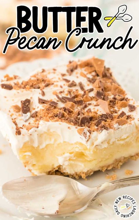 Pecan Crunch Cake, Different Ice Cream Flavors, Pecan Crunch, Butterscotch Ice Cream, Pecan Desserts, Butter Pecan Ice Cream, Toffee Chips, Crunch Recipe, Creamy Pudding