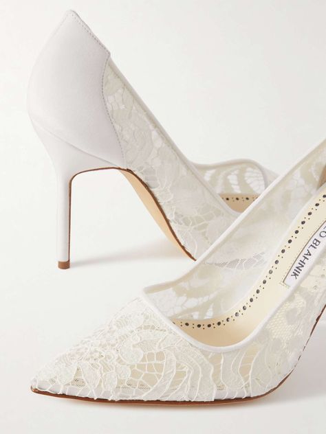 MANOLO BLAHNIK BBLA 105 silk satin-trimmed corded lace pumps | NET-A-PORTER Manolo Heels, White Lace Heels, Manolo Blahnik Wedding, Manolo Blahnik Wedding Shoes, Ivory Pumps, Manolo Blahnik Pumps, Iconic Shoes, Designer Wedding Shoes, Wedding Pumps