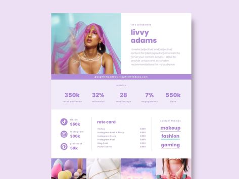 Tiktok media kit template. One page influencer press kit with rate sheet for Instagram or twitch influencer. Editable Canva for social media https://etsy.me/3yszgOP #purple #pink #influenceroutreach #mediaoutreachp Press Kit Design, Tiktok Business, Press Kit Template, Media Kit Design, Rate Card, Instagram Photoshop, Buyer Persona, Tiktok Influencer, Social Media Stats