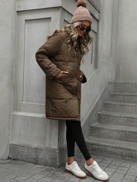 Women Long  Coat Winter Thick Warm Oversized Parka Coat Coffee Brown Casual  Long Sleeve Woven Fabric Plain Puffer Non-Stretch Fall/Winter Women Clothing, size features are:Bust: ,Length: ,Sleeve Length: Parka Outfits, Women Long Coat, Outerwear Women Winter, Long Winter Coats Women, Oversized Parka, Double Breasted Overcoat, Long Coat Women, Women Overcoat, Coat Winter