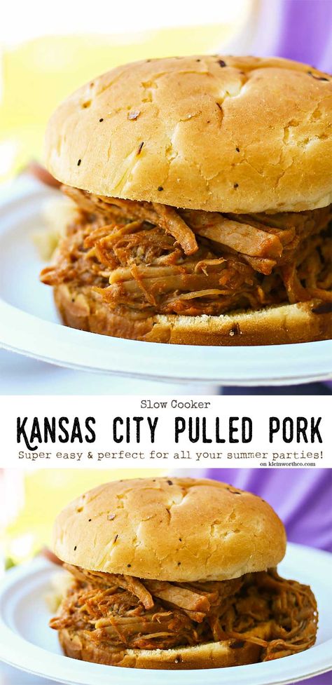 Kansas City Pulled Pork is an easy slow cooker recipe that's perfect for summer. Almost effortless, it's an easy family dinner idea that you'll love. Kansas City Pulled Pork, Backyard Bbq Party Food, Backyard Party Food, Backyard Bbq Food, Kansas City Bbq, Pulled Pork Recipe Slow Cooker, Bbq Party Food, Crock Pot Pulled Pork Recipe, Pulled Pork Sandwiches