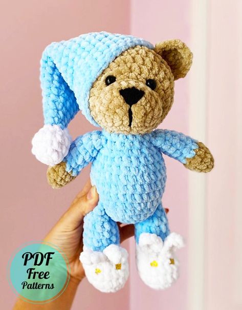 Crochet Teddy bear in Pajamas with Bunny Shoes - Amigurumiday Crochet Sleeping Bear Free Pattern, Crochet Teddy Bear In Pajamas Pattern, Crochet Sleepy Bear, Sleepy Bear Crochet Pattern, Crochet Sleepy Bear Free Pattern, Crochet Bear In Pajamas, Sleepy Teddy Bear, Amigurumi Teddy Bear, Crochet Baby Projects