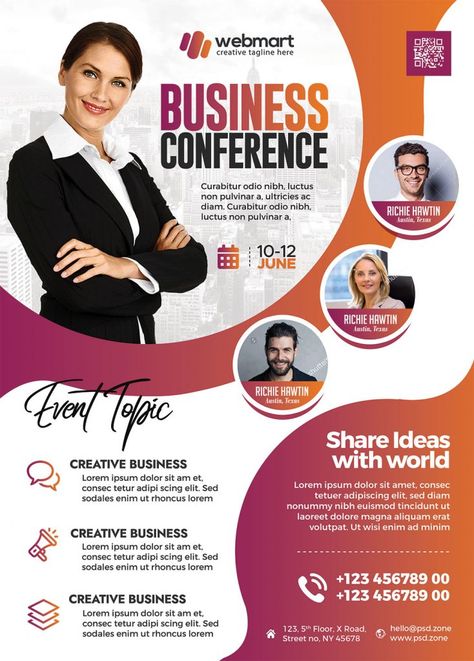 Business Conference Designer Flyer PSD Template - PSD Zone One Page Flyer Design, Flayer Designs, Conference Poster Template, Webinar Design, Conference Poster, Ui Website, Free Psd Flyer Templates, Desain Ui, Business Conference