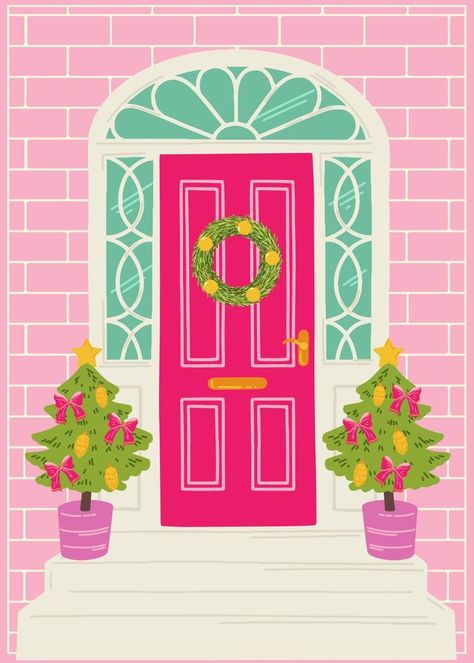 Pink Christmas house door decorated with a spruce wreath with balls. Entrance to the house with Christmas trees with pears and bows. Vector artistic illustration for postcards, banners and print. Christmas Front Door Illustration, Christmas Door Illustration, Spruce Wreath, Entrance To The House, Artistic Illustration, Christmas Front Door, Flowers Paintings, Wreath Drawing, House Door