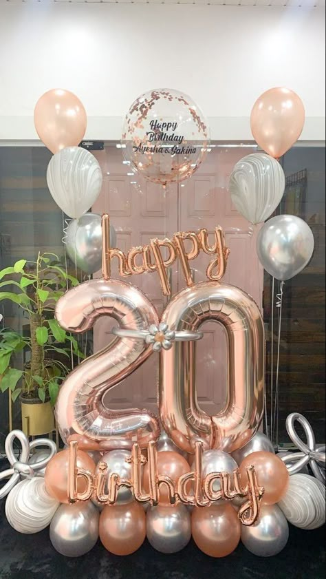 Rose Gold Balloons Decoration, Rose Gold Decorations Party, Birthday Balloon Decoration, Party Balloons Diy, Surprise Birthday Decorations, Birthday Decorations At Home, Happy 20th Birthday, Happy Birthday Decor, Simple Birthday Decorations