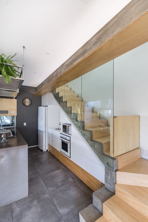 Stairs From Kitchen, Kitchen With Stairs, Kitchen Under Stairs, Kitchen Stairs, Stairs In Kitchen, Gallery Kitchen, 1960s House, Stairs Architecture, Modern Stairs