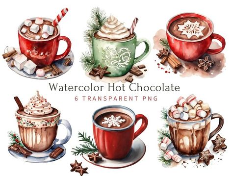 Watercolor Hot Chocolate Clipart Bundle Watercolor Hot - Etsy Spain Chocolate Christmas Decorations, Hot Chocolate Clipart, Chocolate Clipart, Hot Chocolate Christmas, How To Make Scrapbook, Chocolate Christmas, Christmas Collage, Sweet Coffee, Winter Coffee