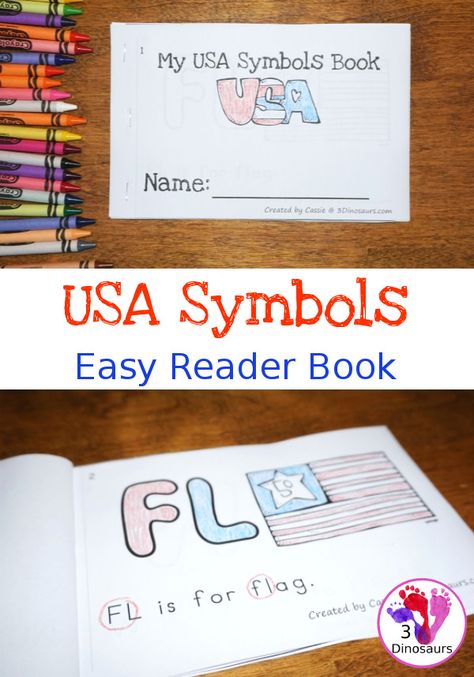 Get this Free USA Symbols Easy Reader Book at 3 Dinosaurs. Some of the themes are the flag, White House, eagle, Liberty Bell, Statue of Liberty, Mount Rushm American Symbols Kindergarten, Usa Symbols, Joy School, Grandma Camp, Easy Reader Books, 3 Dinosaurs, Patriotic Symbols, Usa Summer, Kindergarten Social Studies