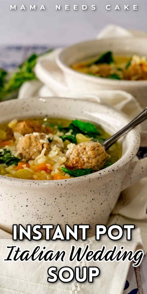 This Instant Pot Italian Wedding Soup is a delicious dish consisting of acini de pepe, chopped vegetables, and meatballs. This soup makes an easy meal and is ready to eat in thirty minutes! It's also bursting with flavor and is good for you! Check out this healthy meal idea and find a new family favorite soup! Wedding Soup Instant Pot, Instant Pot Italian Wedding Soup, Instant Pot Italian, Chopped Vegetables, Crockpot Stew, Wedding Soup, Instant Pot Soup, Soup Crocks, Soup And Stew