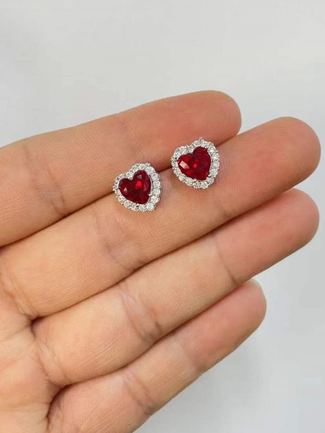 Red Glamorous   Copper  Stud Embellished   Jewelry Cute Red Heart Earrings, Red Stud Earrings, Red Earrings Stud, Diamond Accessories, Red Heart Earrings, Embellished Fashion, Red Studs, Prom Accessories, Red Jewelry