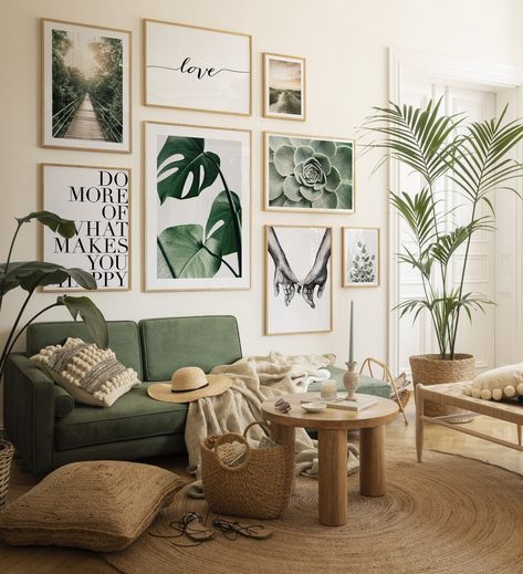 Tropical Gallery Wall, Double Bed Designs, Gallery Wall Inspiration, Bed Design Modern, Living Room Scandinavian, Living Room Green, Boho Living Room, Inspiration Wall, A Living Room