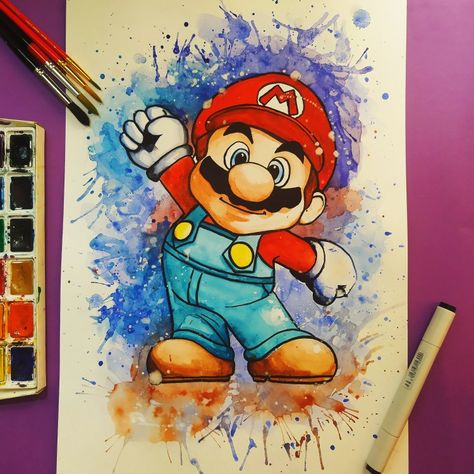 Watercolor Paintings Cartoon, Mario Illustration Art, Super Mario Watercolor, Mario Watercolor, Drawing Lessons For Beginners, Mario Drawing, Deadpool Art, Learning Video, Geeky Art