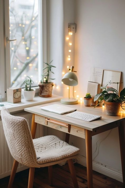 Inspiration for creating a cozy desk setup in a small room or bedroom. Study Small Room, Target Desk Ideas, Airbnb Desk Area, Writing Desk Bedroom, Small Desks For Small Spaces, Small Desk In Living Room Ideas, Small Work Room Ideas, Writing Nook Ideas, Small Working Room