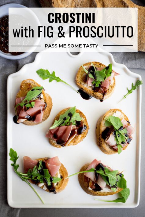 Crostini with Fig & Prosciutto - A quick and easy appetizer for your dinner guests to enjoy before a meal. This crostini provides a taste profile that is a little sweet, salty, and savory. | passmesometasty.com #appetizer #glutenfree #crostini Fig Prosciutto, Port Salut, Crostini Appetizers, Gluten Free Puff Pastry, Gluten Free Appetizers, Quick And Easy Appetizers, Italian Appetizers, Creole Recipes, Dinner Guests