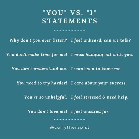 Changing your words will change your relationship. "You-statements" show no ownership of emotions but rather blame, accuse and assume the receiver. "You-statements" make your partner feel defensive and resentful. An "I-statememts" on the other hand, is to express how you feel inside, "I-statements" reduce hostility and defensiveness. When using "I-statements" you take responsibility for the part you played in the disagreement and display the openness for deep listening and resolution. I Statements, Deep Listening, Relationship Lessons, Relationship Therapy, Healthy Communication, Relationship Advice Quotes, I Am Statements, Relationship Psychology, Healthy Relationship Tips