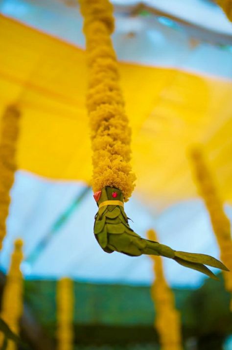 Parrot Decoration Wedding, Parrot Decoration, Leaf Decor Wedding, Engagement Decor, Telugu Wedding, Marriage Decoration, Tamil Wedding, Pooja Room Design, Home Wedding Decorations