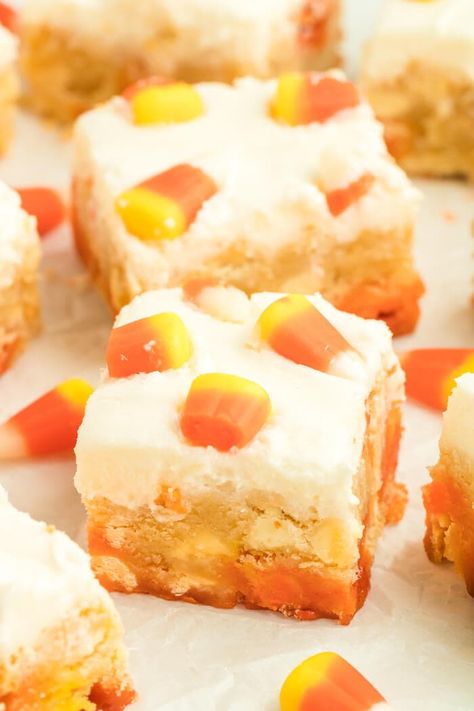 Looking for Halloween dessert bar ideas that use candy corn? If you love candy corn during Halloween, then try these yummy candy corn cookie bars! Soft and sweet and made with the best homemade frosting ever! Great for bite sized Halloween party desserts! Candy Corn Recipes, Oreo Cookie Bars, Best Buttercream Icing, Candy Corn Desserts, Oreo Cookie Bar, Candy Corn Recipe, Candy Corn Cookies, Oreo Cookie, Corn Recipes