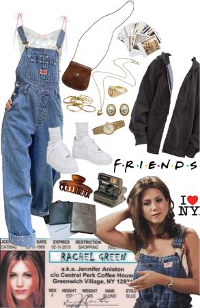 Rachel Green Dungarees, Rachel Green Lookbook, Rachel Greene Style, Rachel Green Overalls Outfit, Rachel Greene Inspired Outfits, Monica Green Outfits, Friends Tv Show Outfits Style, Rachel Green Outfit Inspiration, Rachel Green Style Inspiration