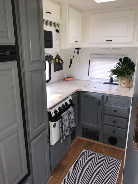 Grey Caravan Interior, Renovate Camper, Sherwin Williams Paint Neutral, Caravan Interior Makeover, Boho Camper, Mini Homes, Interior Makeover, Glamper Camper, Rv Interior Remodel