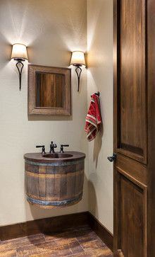 Timber Frame Bathroom, Hammered Copper Tub, Rustic Cabin Ideas, Rustic Powder Room, Hammered Copper Sink, Frame Bathroom, Western Montana, Hickory Flooring, Timber Home