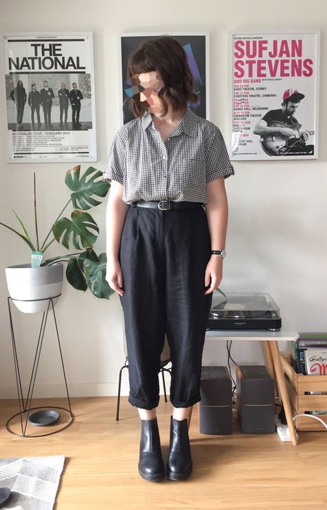 Midsize Outfits Vintage, Hipster Woman Outfits, Curvy Hipster Outfits, Masculine Female Outfits Plus Size, Enby Outfits Work, Nonbinary Office Wear, Midsize Fashion Teacher, Gen Z Business Casual Plus Size, Mid Size Tomboy Fashion