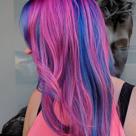 Pink Hair Blue Highlights, Pink And Blue Streaks In Hair, Pink Hair With Blue Streaks, Pink Hair With Blue Highlights, Blue Hair With Pink Highlights, Pink And Blue Hair Streaks, Pink Purple Blue Hair, Blue Pink Hair, Blue Hair Streaks