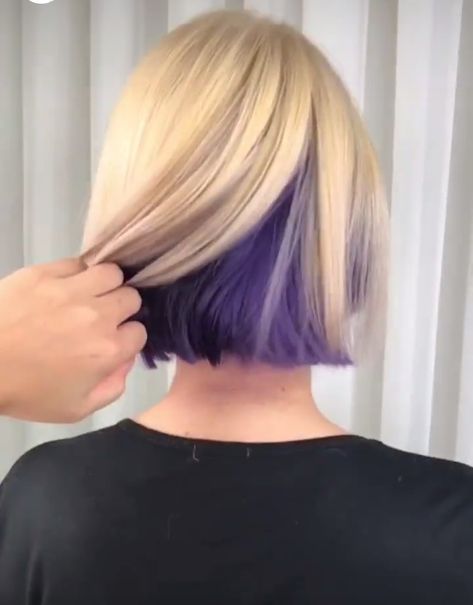 Short Hair Colored Underneath, Short Blonde Purple Hair, Short Hair With Under Color, Blonde Bob With Peekaboo Color, Blonde Bob With Color Underneath, Rainbow Hair Color Short Pixie, Hidden Hair Color Blondes, Blonde Hair With Under Color, Purple And Blonde Short Hair