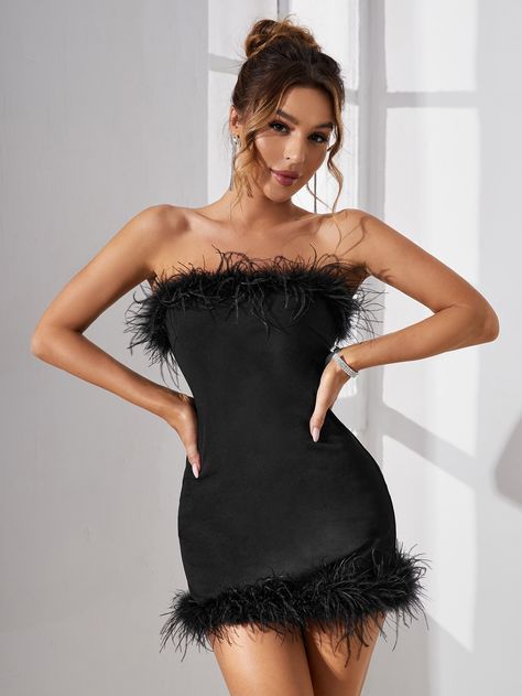 Black Glamorous Collar Sleeveless Polyester Plain Bodycon Embellished Slight Stretch  Women Dresses Dresses Poses, Md Dresses, Jumpsuit Outfit Wedding, Occasional Dresses, Dress With Fur, Tube Bodycon Dress, Sorority Recruitment Outfits, Recruitment Outfits, Outfit Wedding