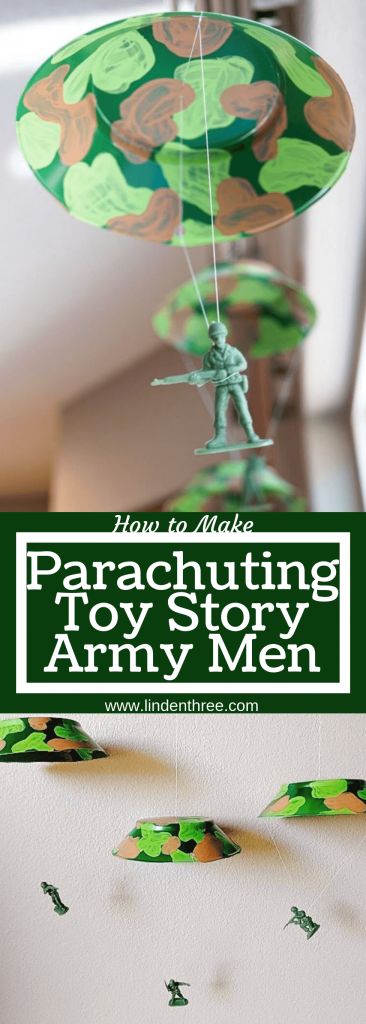 Learn How to Make Parachuting Toy Story Army Men for an army or Toy Story themed party! Just a few materials to include this unique detail, a great ceiling decoration. #toystoryparty #armymen #toystorydecorations Army Men Crafts, Toy Story Army Men, Toy Story Bedroom, Toy Story Decorations, Toy Story Nursery, Army Bedroom, Pixar Party, Toy Story Room, Army Crafts