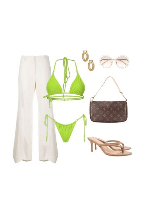 Chic outfit with a pop of colour featuring minimalistic lime green swimwear, gold hoops, Louis Vuitton bag, beige heeled sandals, & white trousers Green Swimsuit Outfit, Mint Swimsuit, Tropical Vacation Outfits, Bathing Suit Outfits, Vacation Swimsuit, Minimalistic Fashion, Green Swimwear, Outfit Polyvore, Outfit Quotes