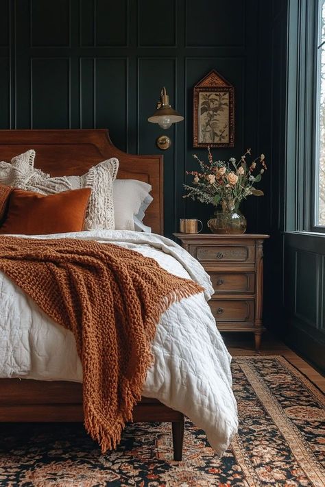 Dark Boho Minimalist Bedroom, Moody Main Bedroom, Calm Moody Bedroom, Moody Rental Bedroom, Bright And Moody Bedroom, Boho Vintage Bedroom Aesthetic, Cozy Art Deco Bedroom, Earthy Dark Academia Bedroom, Layered Rugs Bedroom Aesthetic