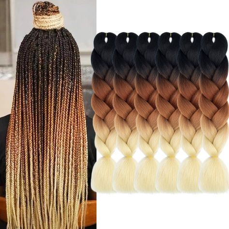 PRICES MAY VARY. Package:Jumbo Braiding Hair Made with Soft high temperature synthetic，Suitable for braiding，Lenth:24 Inch, 6 Packs/Lot. Weight: 100g/pack, Total 600g，with some gifts. Material:Ombre Braiding Hair no fade, no shedding, no smell, easy to crochet, braid and twist, hold texture well,Multiple colors Braided hair has a variety of colors, Two Tone，Three Tone，Four Tone,bright and real colors, natural gradients. Application：Braids Suitable for people of different ages. You can Braiding t Gold Ombre Hair, Medium Size Braids, Ombre Twist, Different Shades Of Blonde, Pre Stretched Braiding Hair, Ombre Box Braids, Ombre Braiding Hair, Braiding Hair Colors, Colored Box Braids