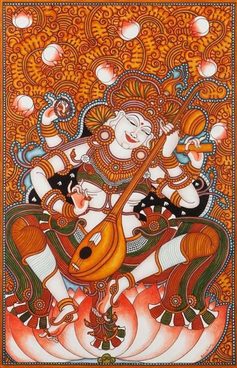 Saraswathi Devi Mural Painting, Saraswathi Mural Painting, Lotus Mural, Hindu Cosmos, Indian Traditional Paintings, Mural Art Design, Mural Paintings, Kerala Mural Painting, Indian Painting