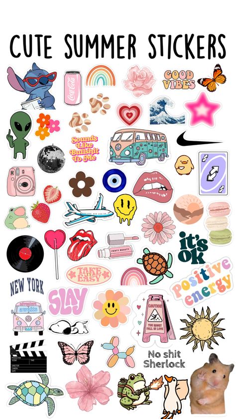 Cute Sticker Collage, Collage Stickers Aesthetic, Summer Vibes Stickers, Stickers Scrapbook, Summer Stickers Aesthetic, Journaling Stickers, Stickers To Print, Cute Diy Projects, Sleepover Things To Do